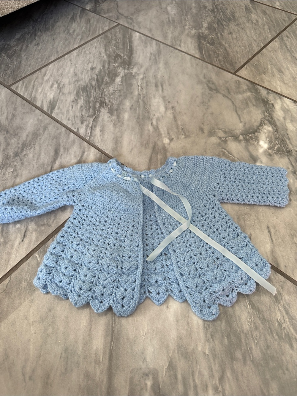Handmade Light Blue Crochet Baby Cardigan with Ribbon